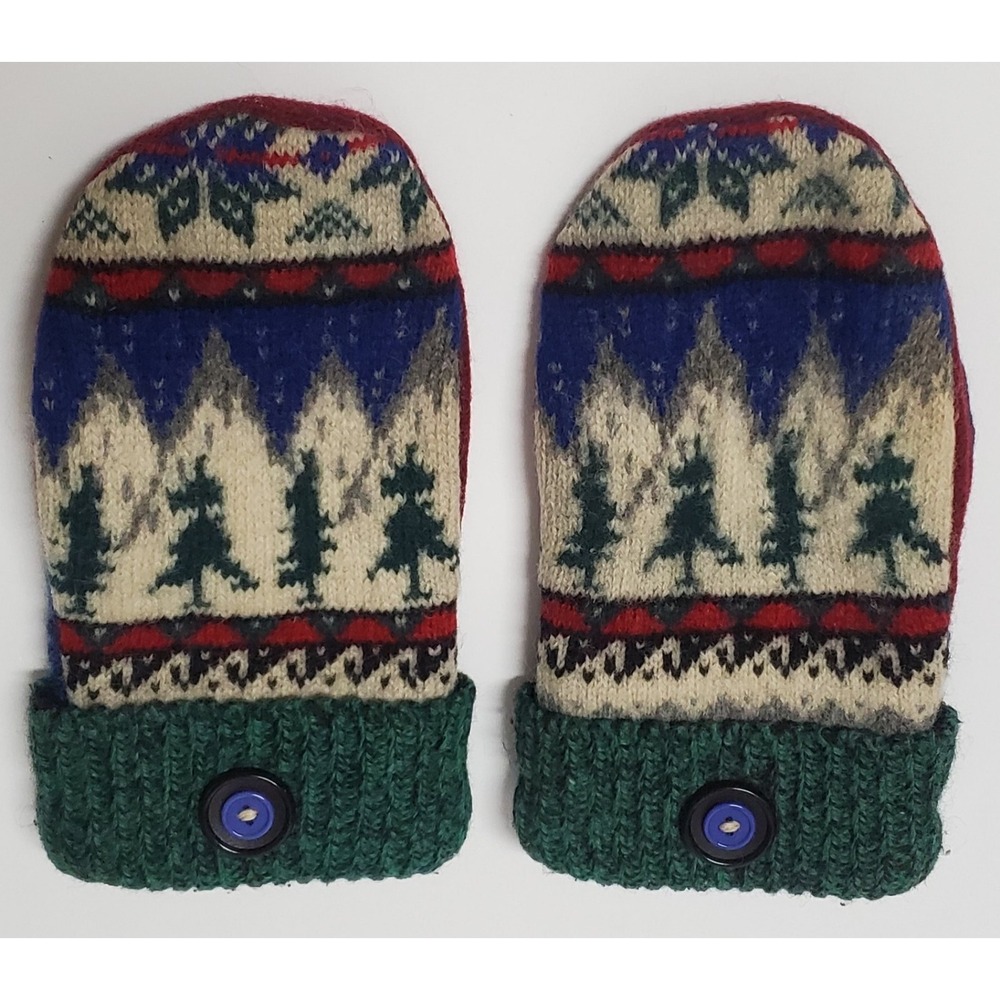Northland Woolens Inc Mittens Felted Wool S/M Woven Trees Mountains Snow Blu/Grn